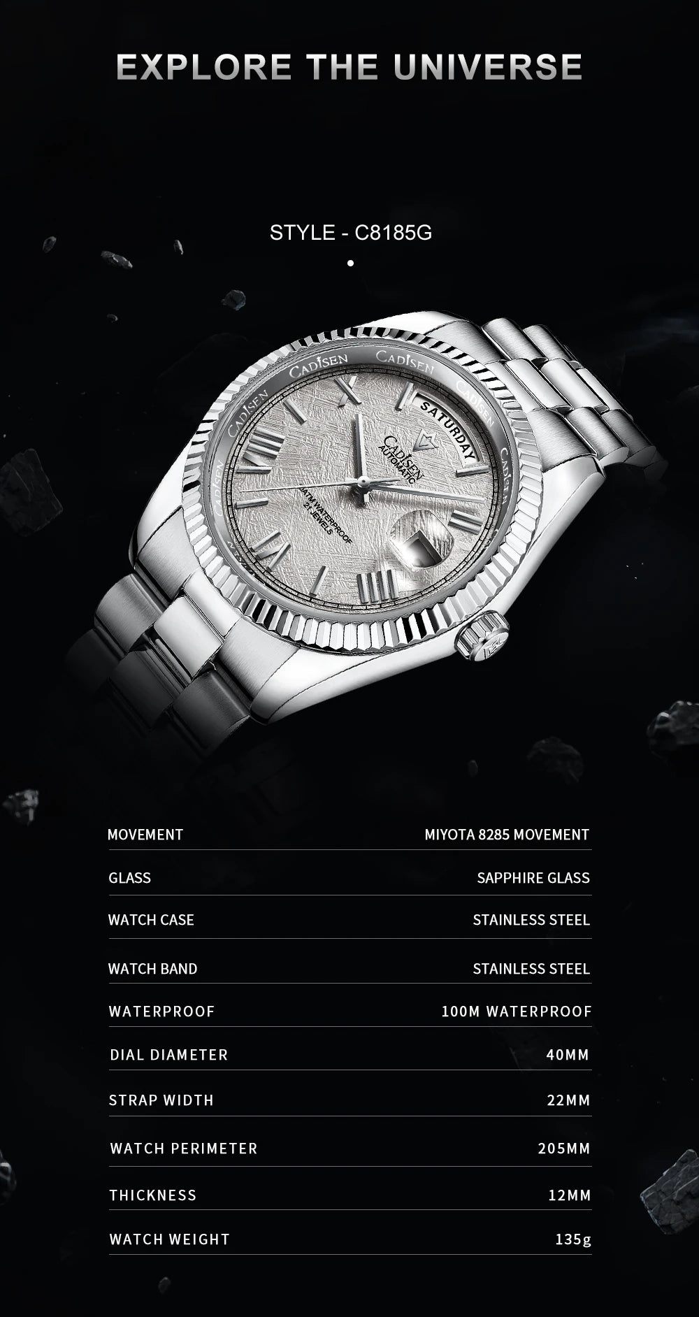 Cadisen Automatik Herrenuhr – Meteoriten-Zifferblatt, MIYOTA 8285, 100m wasserdicht | Zeyra | Versand aus D