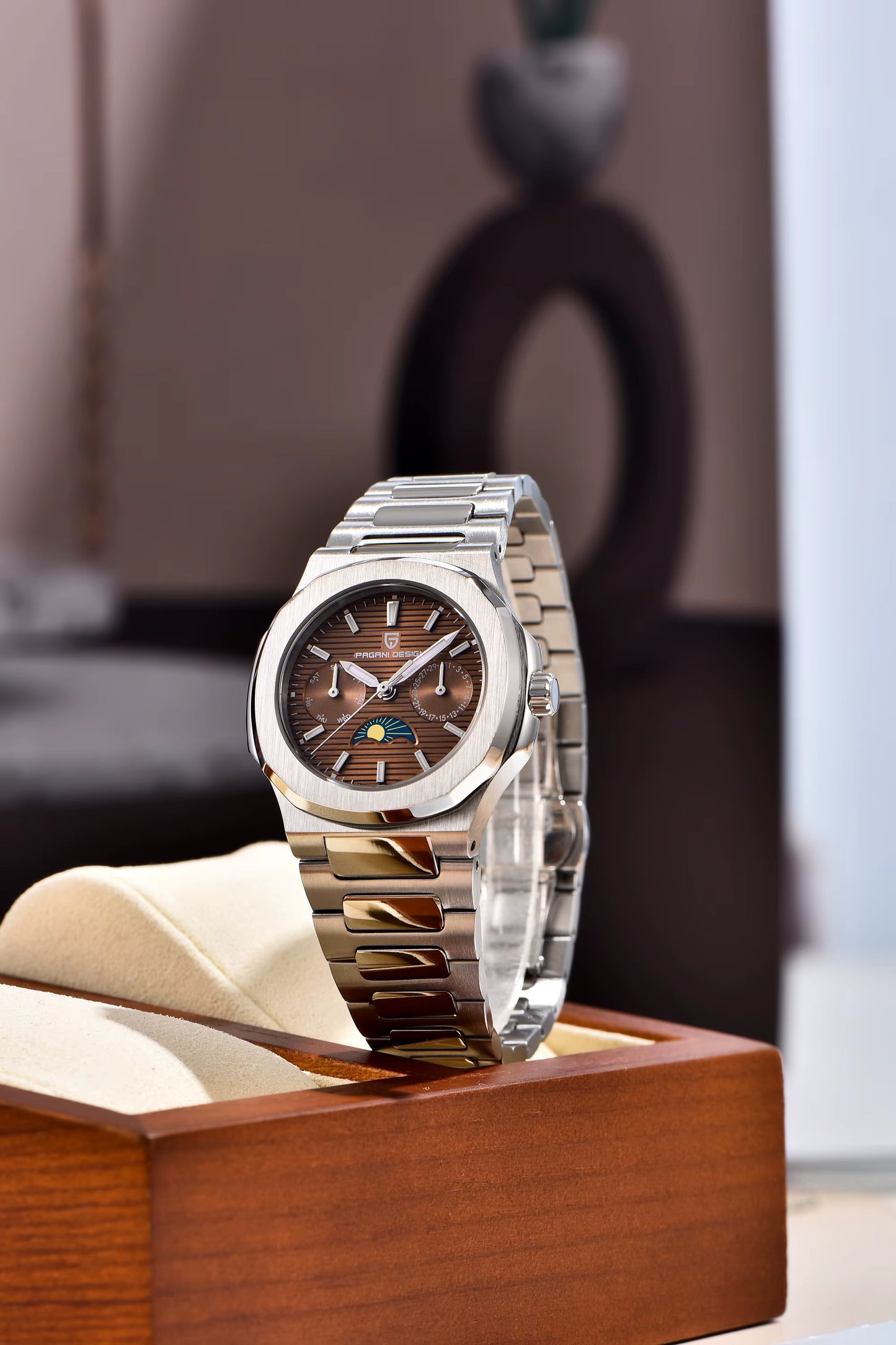 Pagani Design Damenarmbanduhr – Luxus Quarzuhr mit Mondphase & Chronograph | Edelstahl & Saphirglas | Elegante Uhr für Damen | Zeyra® Edition
