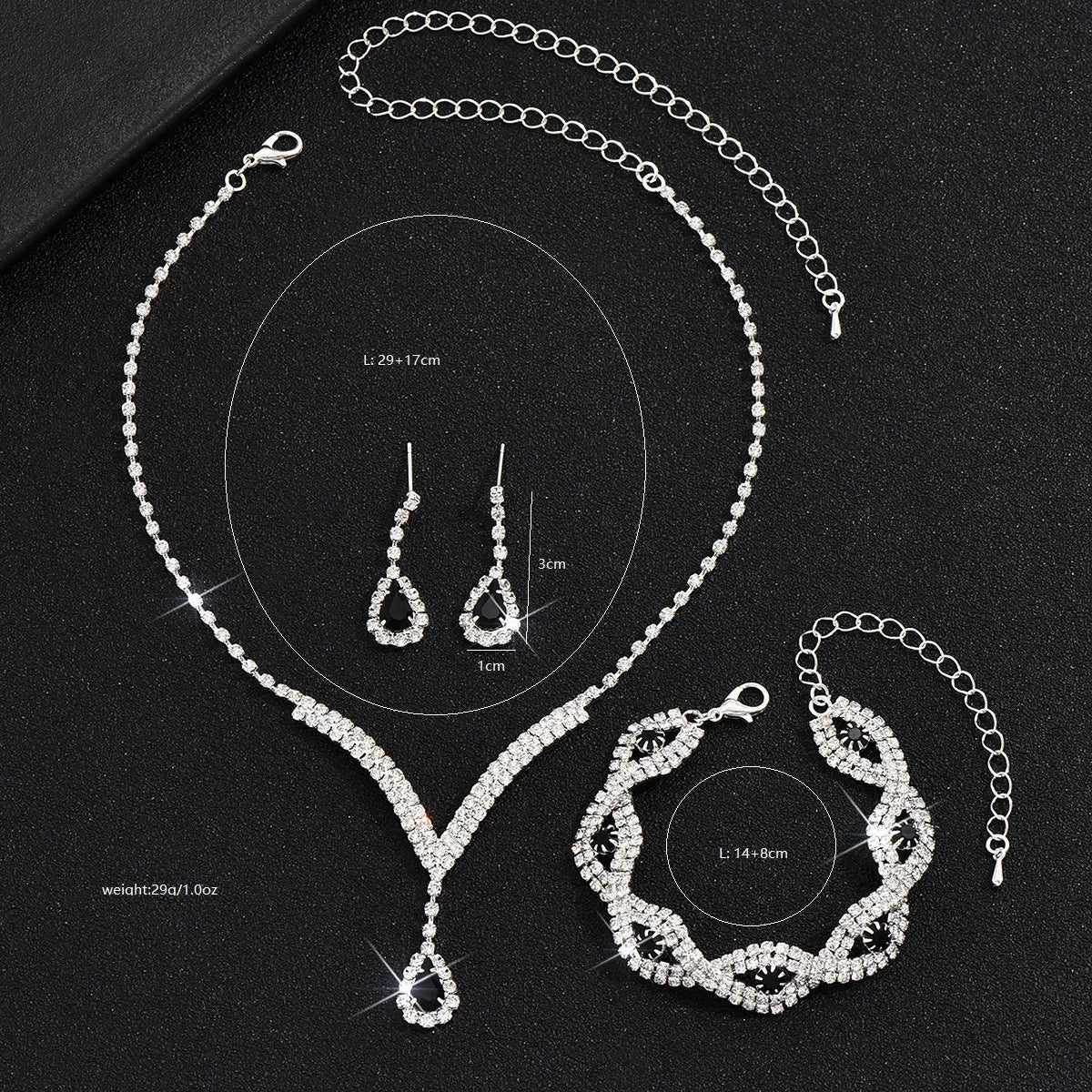 3-teiliges Schmuckset Damen – Schwarze Kristall-Steine, Halskette, Armband & Ohrringe | Hochzeit & Party | Zeyra | Versand aus D