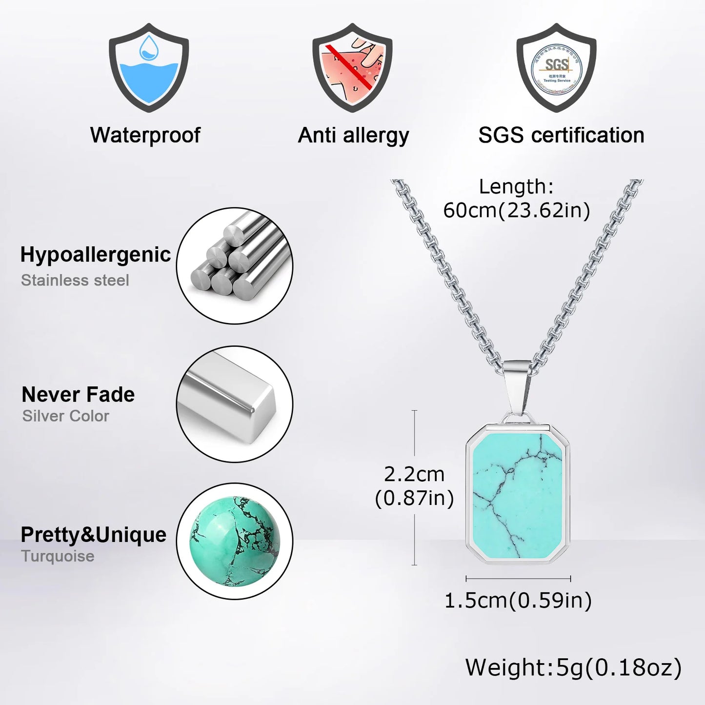 Herren Halskette mit Naturstein-Anhänger – Quadratischer Edelstahl Anhänger, Trendy Hip-Hop Style | Zeyra | Versand aus D