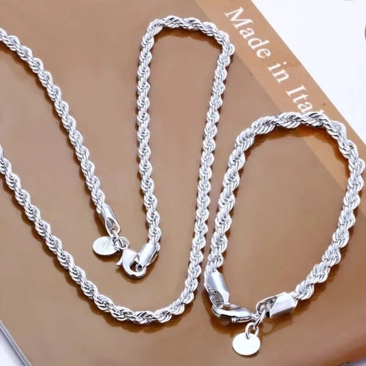 925 Sterling Silber Schmuck-Set – Halskette & Armband im Rope-Design, 4mm | Unisex | Zeyra | Versand aus D