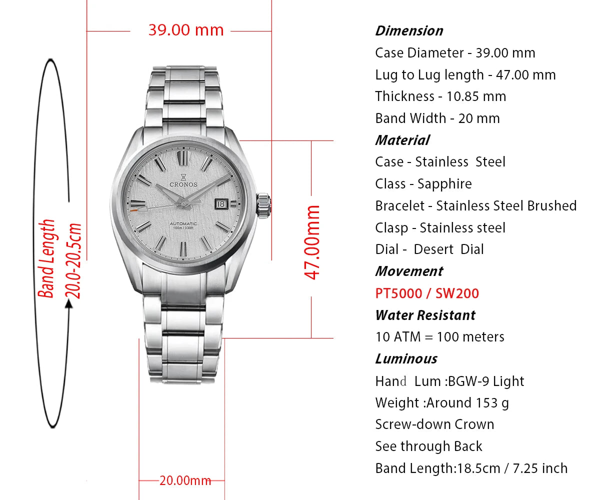 Cronos Men Watch 39mm Automatic Wristwatches White Dial Solid Links Sapphire 10 ATM L6037M