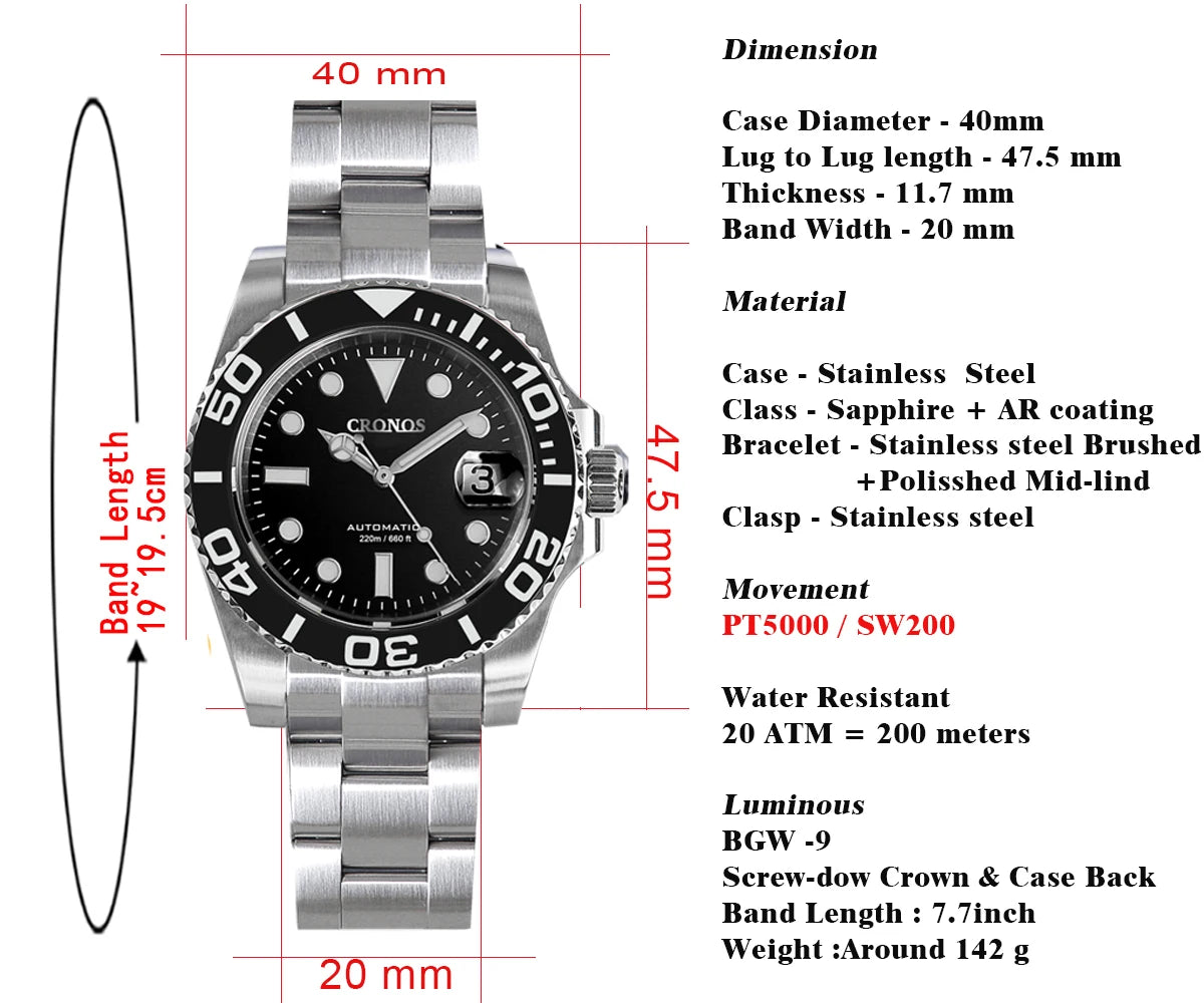 Cronos Sub Diver Automatik Herrenuhr – PT5000, Edelstahl, Keramiklünette, 200M wasserdicht | Zeyra | Versand aus D