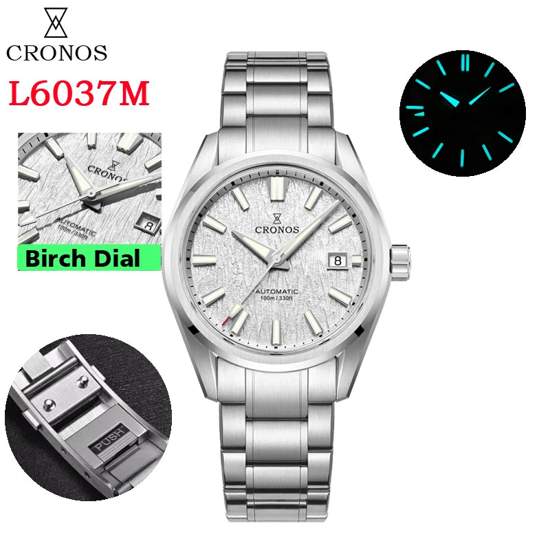 Cronos Men Watch 39mm Automatic Wristwatches White Dial Solid Links Sapphire 10 ATM L6037M