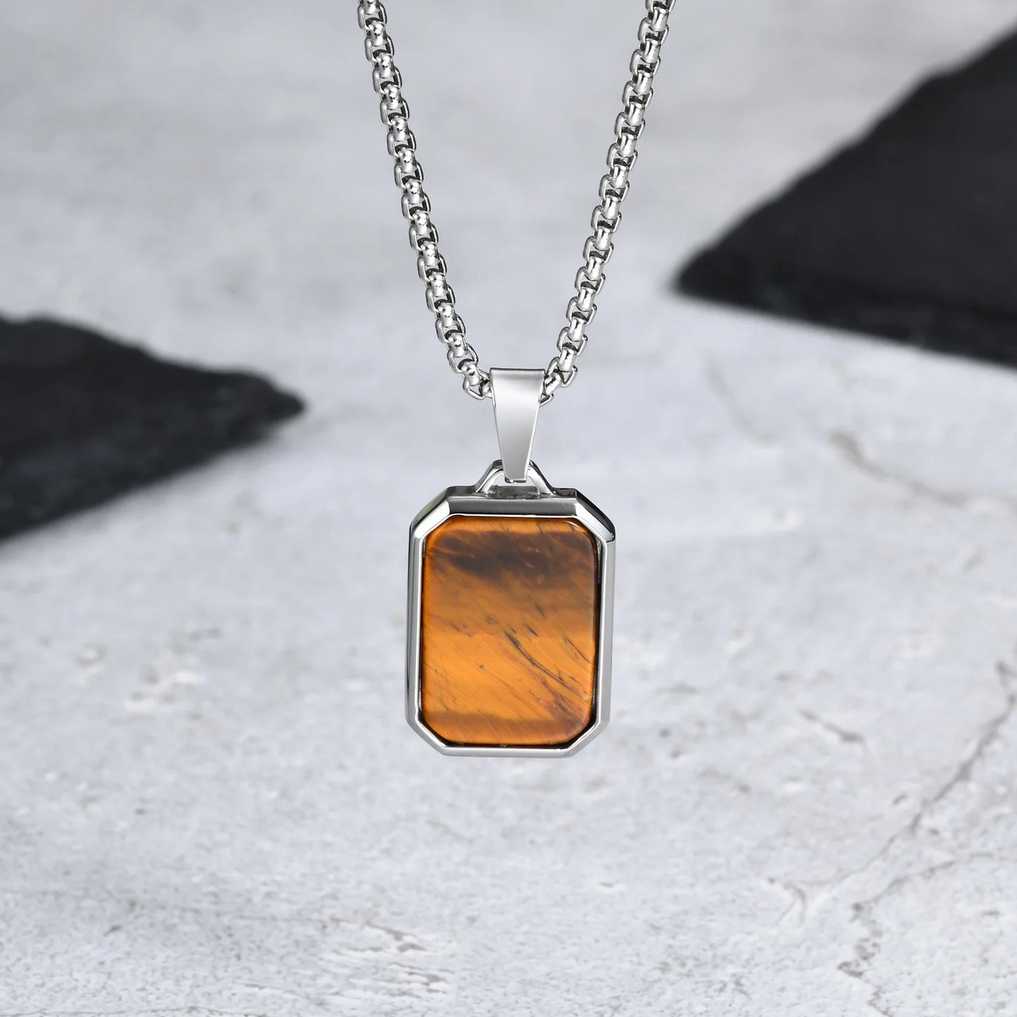 Herren Halskette mit Naturstein-Anhänger – Quadratischer Edelstahl Anhänger, Trendy Hip-Hop Style | Zeyra | Versand aus D
