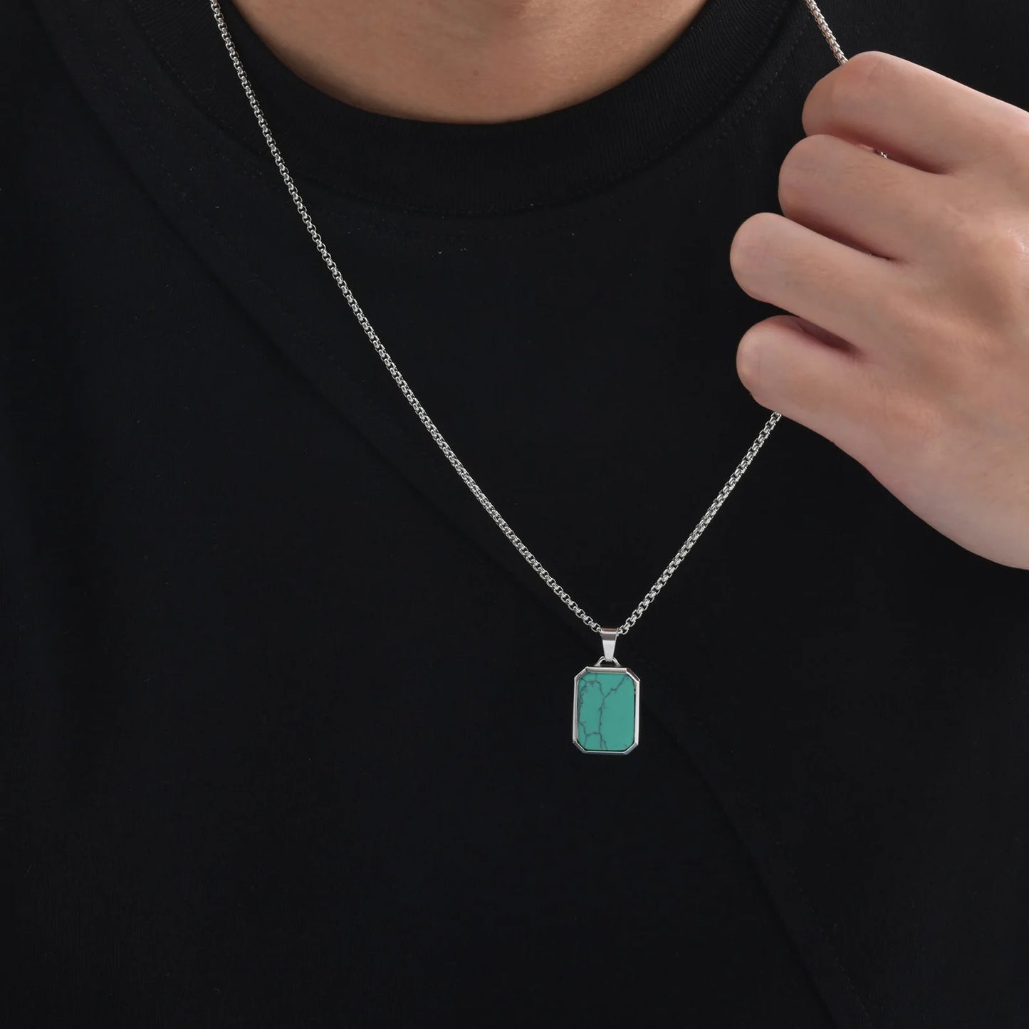 Herren Halskette mit Naturstein-Anhänger – Quadratischer Edelstahl Anhänger, Trendy Hip-Hop Style | Zeyra | Versand aus D