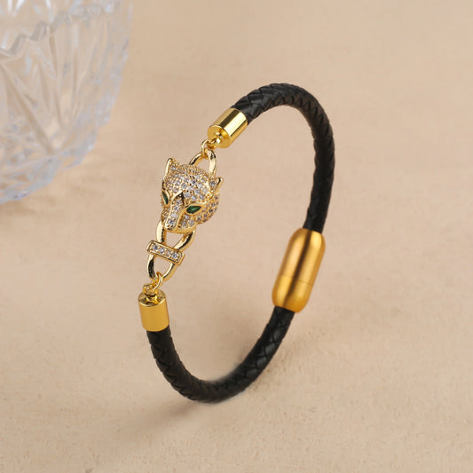 Lederarmband mit Leopardenkopf – Edelstahl & Zirkonia, geflochtenes Design | Unisex | Zeyra | Versand aus D