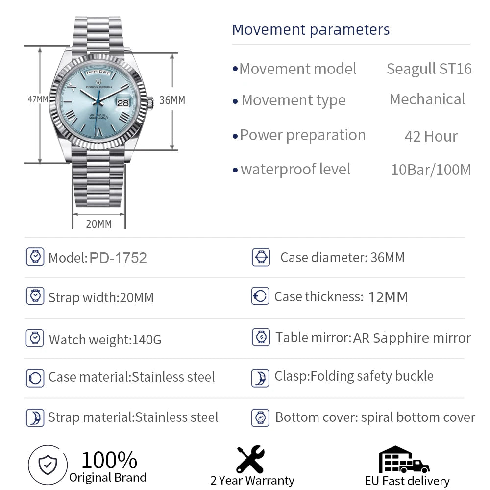 Pagani Design 2025 Automatik Herrenuhr – Luxusmechanik, AR-Saphirglas, Kalenderfunktion | Zeyra | Versand aus D