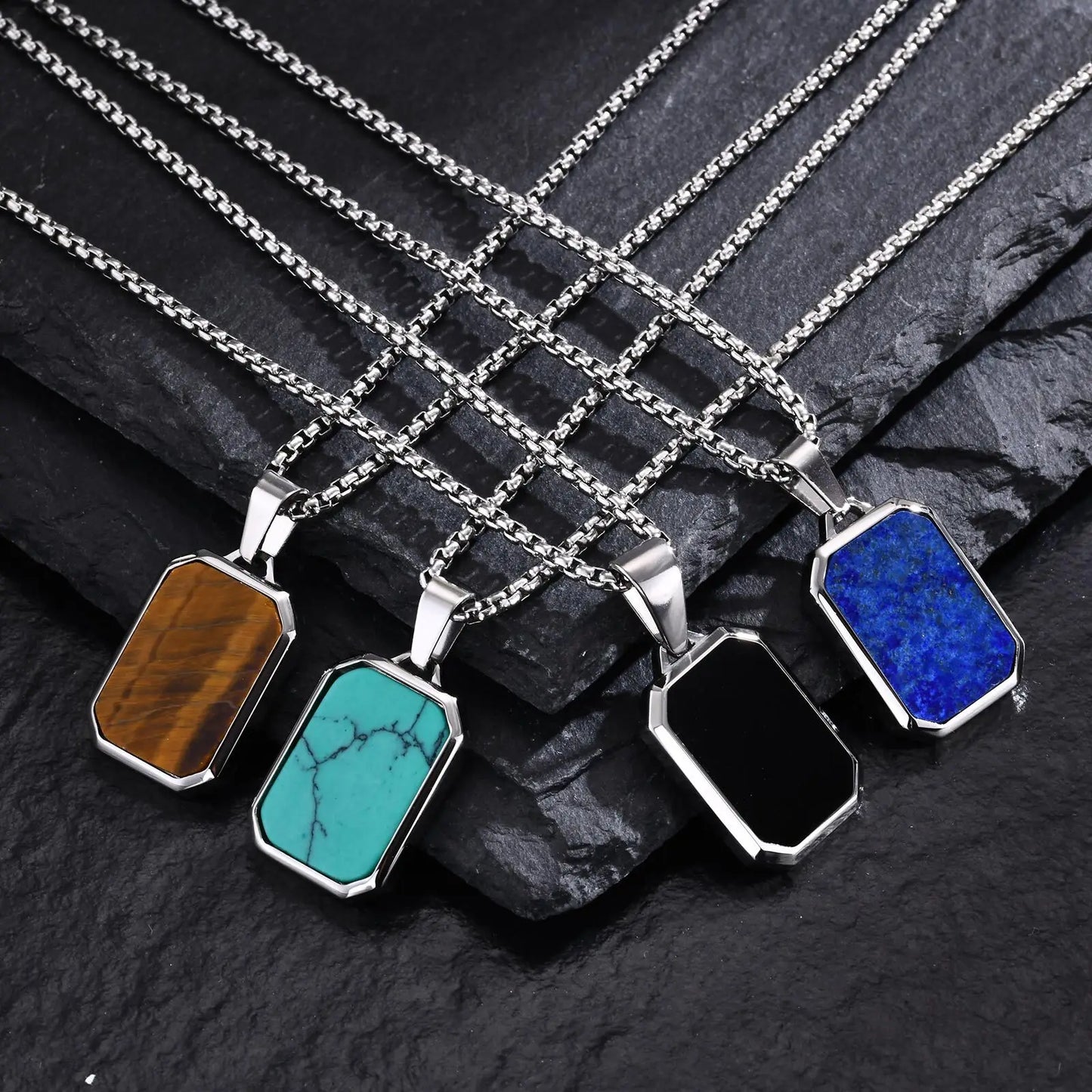 Herren Halskette mit Naturstein-Anhänger – Quadratischer Edelstahl Anhänger, Trendy Hip-Hop Style | Zeyra | Versand aus D