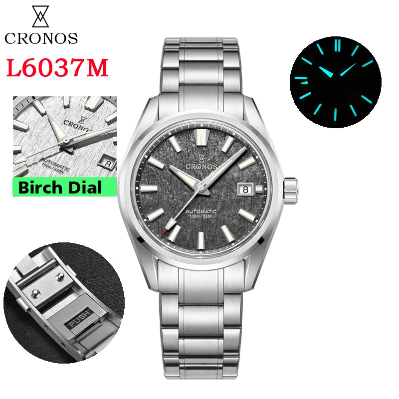 Cronos Men Watch 39mm Automatic Wristwatches White Dial Solid Links Sapphire 10 ATM L6037M