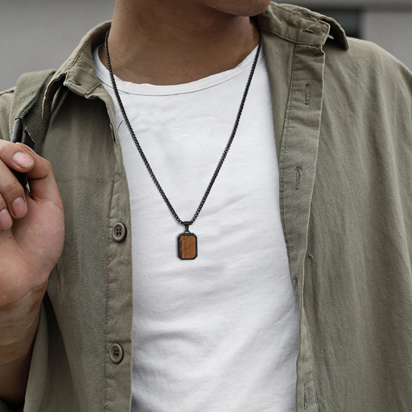 Herren Halskette mit Naturstein-Anhänger – Quadratischer Edelstahl Anhänger, Trendy Hip-Hop Style | Zeyra | Versand aus D