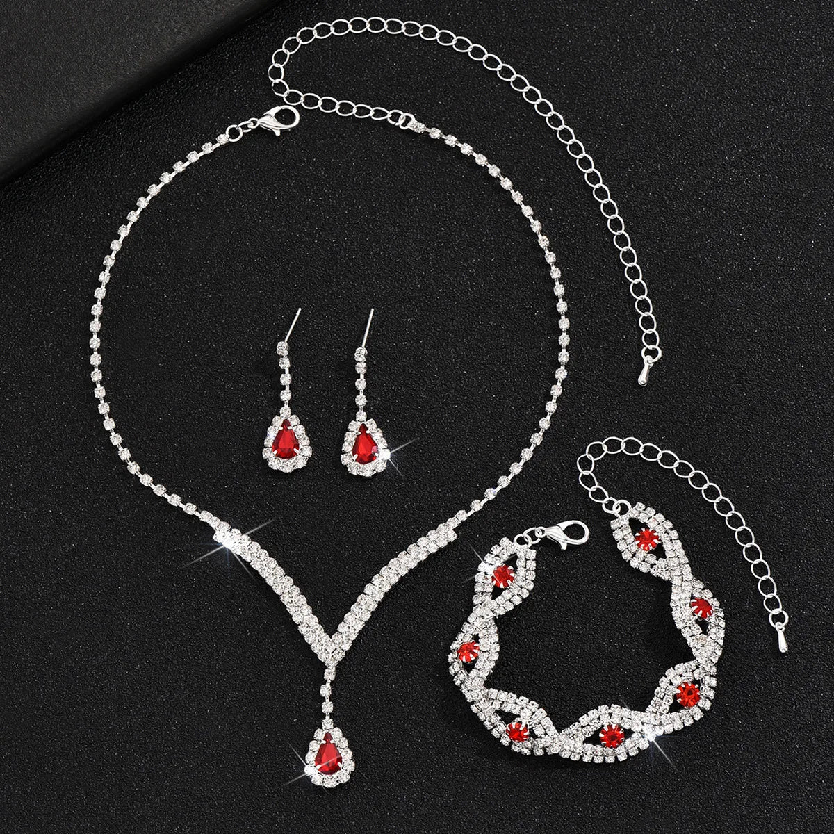 3-teiliges Schmuckset Damen – Schwarze Kristall-Steine, Halskette, Armband & Ohrringe | Hochzeit & Party | Zeyra | Versand aus D