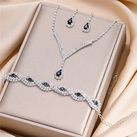 3-teiliges Schmuckset Damen – Schwarze Kristall-Steine, Halskette, Armband & Ohrringe | Hochzeit & Party | Zeyra | Versand aus D