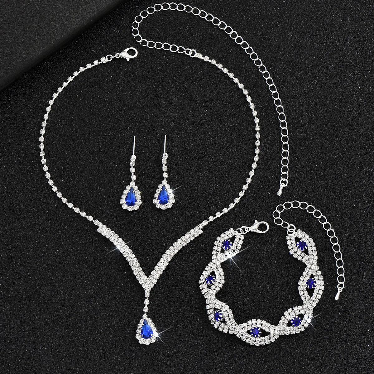 3-teiliges Schmuckset Damen – Schwarze Kristall-Steine, Halskette, Armband & Ohrringe | Hochzeit & Party | Zeyra | Versand aus D