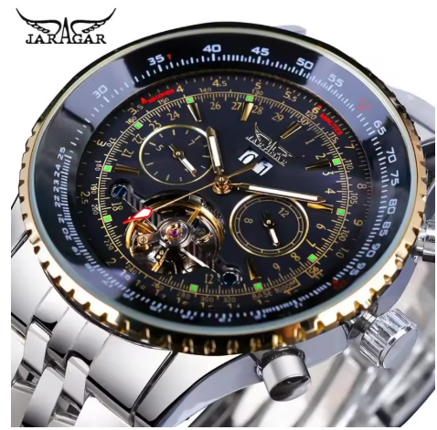 JARAGAR Automatik Herrenuhr – Luxus Skelett-Tourbillon mit Kalender & Wochentagsanzeige | Edelstahl Mechanikuhr | Zeyra® | Versand aus DE