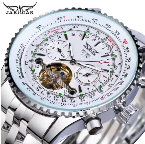JARAGAR Automatik Herrenuhr – Luxus Skelett-Tourbillon mit Kalender & Wochentagsanzeige | Edelstahl Mechanikuhr | Zeyra® | Versand aus DE