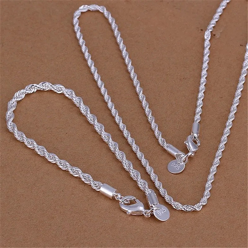 925 Sterling Silber Schmuck-Set – Halskette & Armband im Rope-Design, 4mm | Unisex | Zeyra | Versand aus D