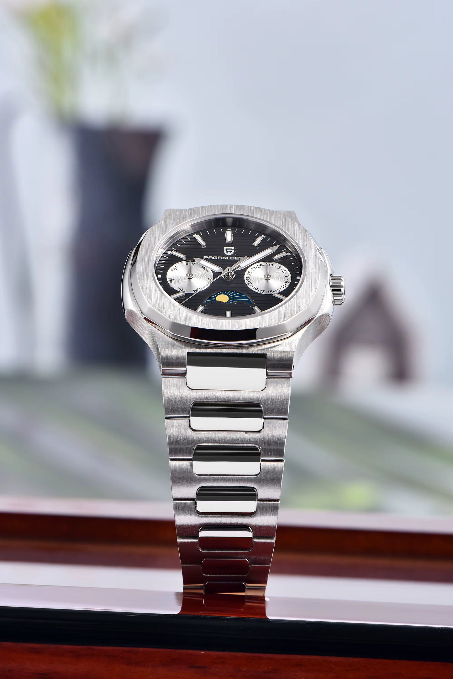 Pagani Design Damenarmbanduhr – Luxus Quarzuhr mit Mondphase & Chronograph | Edelstahl & Saphirglas | Elegante Uhr für Damen | Zeyra® Edition