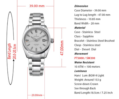 Cronos Men Watch 39mm Automatic Wristwatches White Dial Solid Links Sapphire 10 ATM L6037M