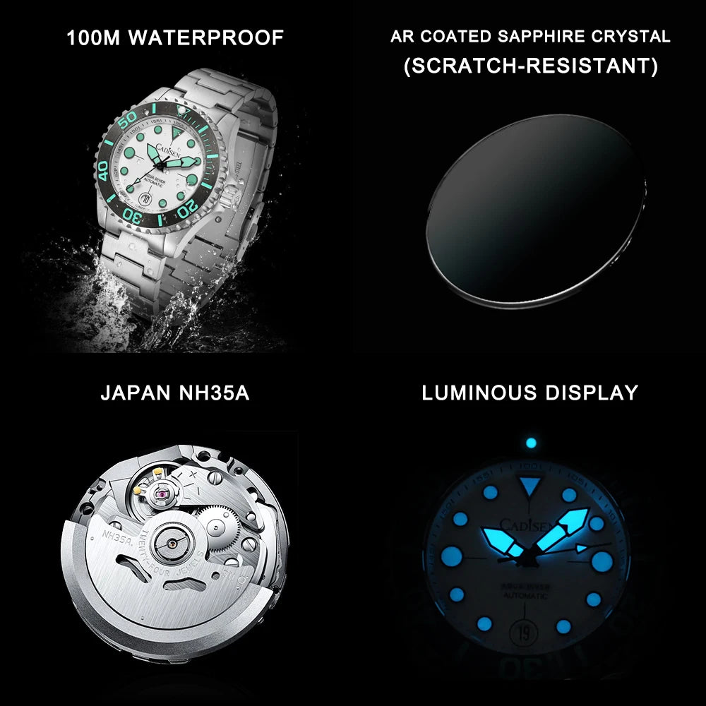 Cadisen Aqua Diver 2024 – Luxus-Automatik Herrenuhr, NH35A, 100M wasserdicht, Luminous | Zeyra | Versand aus D