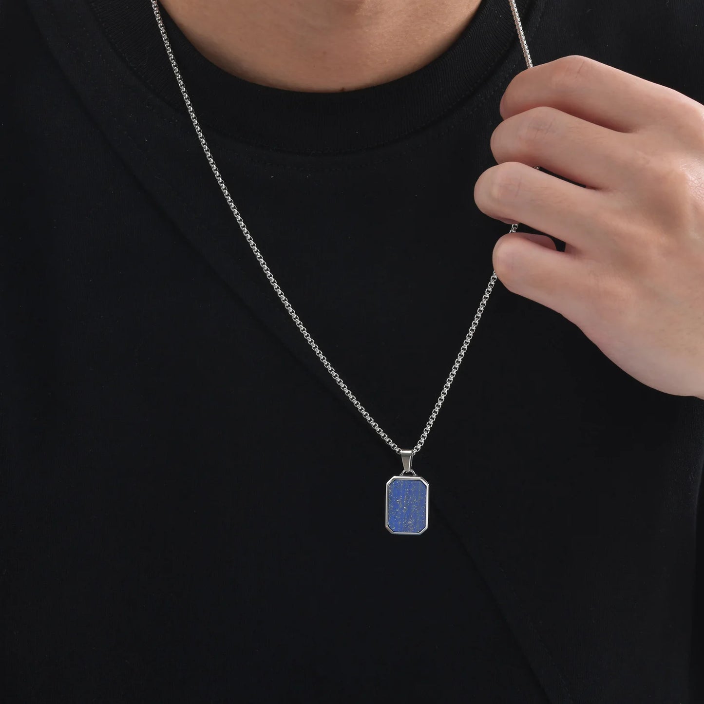 Herren Halskette mit Naturstein-Anhänger – Quadratischer Edelstahl Anhänger, Trendy Hip-Hop Style | Zeyra | Versand aus D
