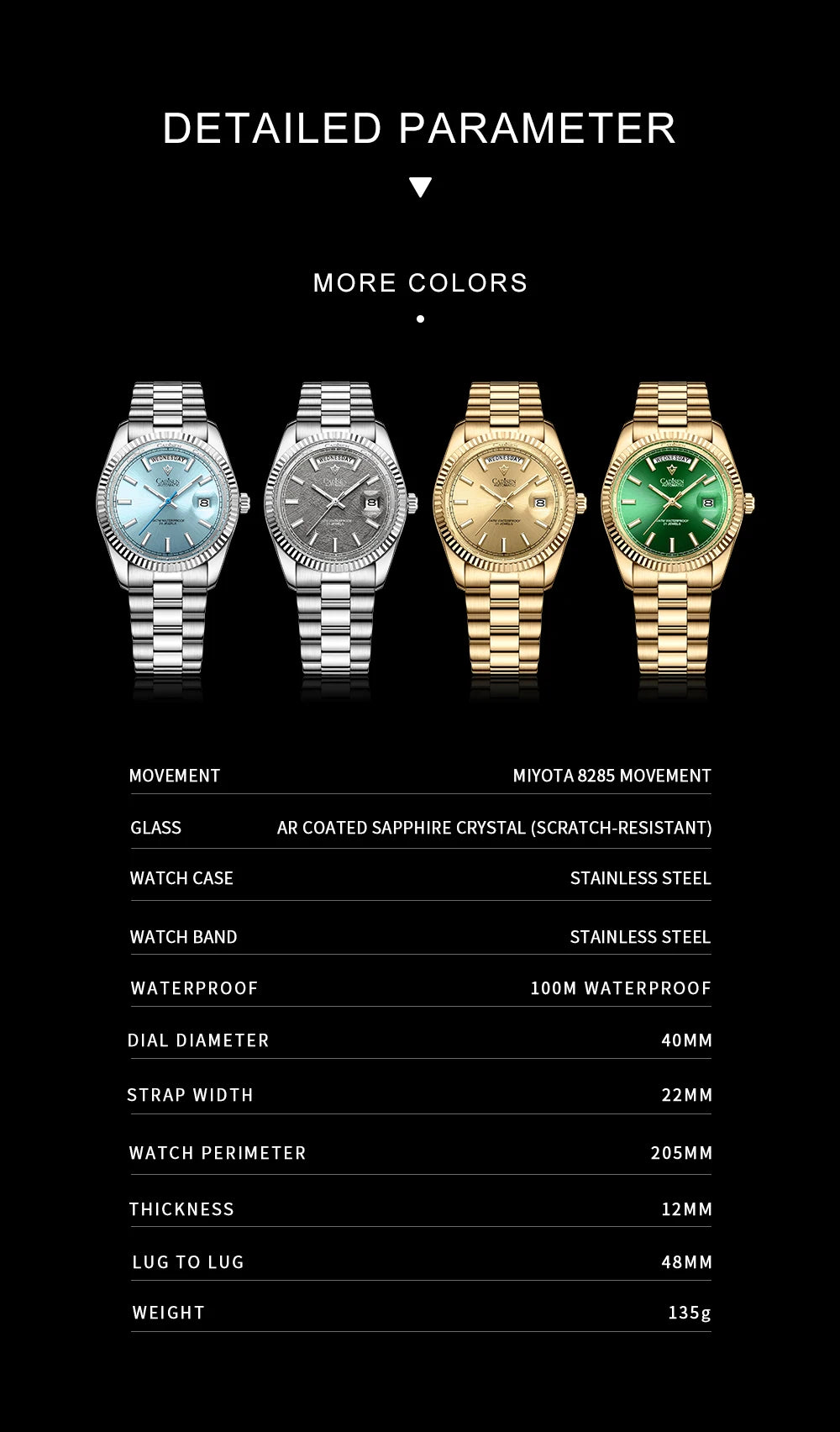 Cadisen DD40 Automatik Herrenuhr – Luxusdesign, MIYOTA 8285, AR-Saphirglas, 100M wasserdicht | Zeyra | Versand aus D