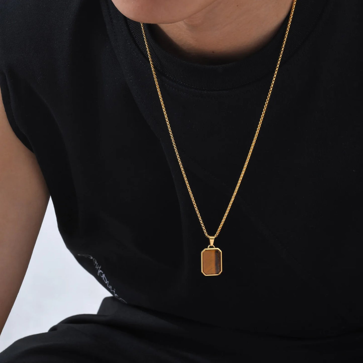Herren Halskette mit Naturstein-Anhänger – Quadratischer Edelstahl Anhänger, Trendy Hip-Hop Style | Zeyra | Versand aus D