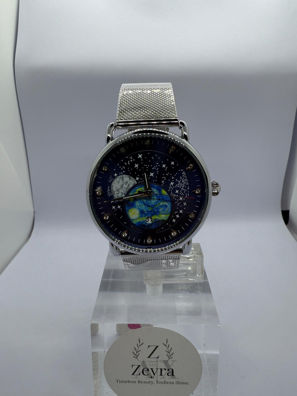 Zeyra CelestiaNova – Kosmos-Armbanduhr mit Planetendesign & Edelstahl-Meshband | Künstlerisches Zifferblatt | Quarzwerk | Versand aus DE