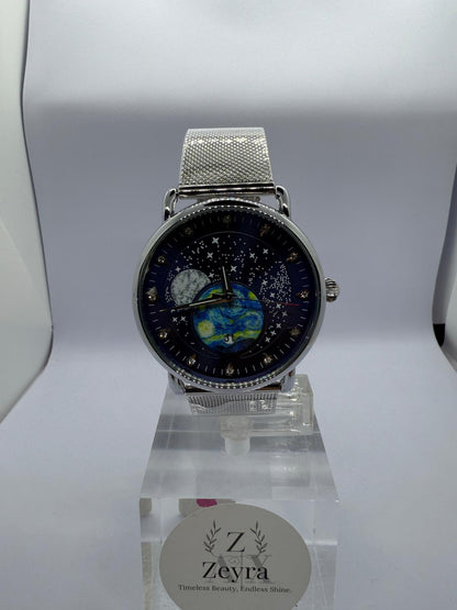 Zeyra CelestiaNova – Kosmos-Armbanduhr mit Planetendesign & Edelstahl-Meshband | Künstlerisches Zifferblatt | Quarzwerk | Versand aus DE