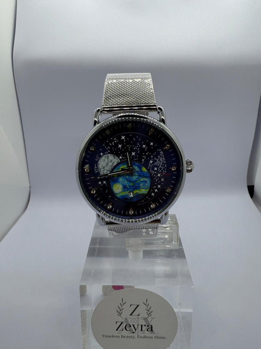 Zeyra CelestiaNova – Kosmos-Armbanduhr mit Planetendesign & Edelstahl-Meshband | Künstlerisches Zifferblatt | Quarzwerk | Versand aus DE