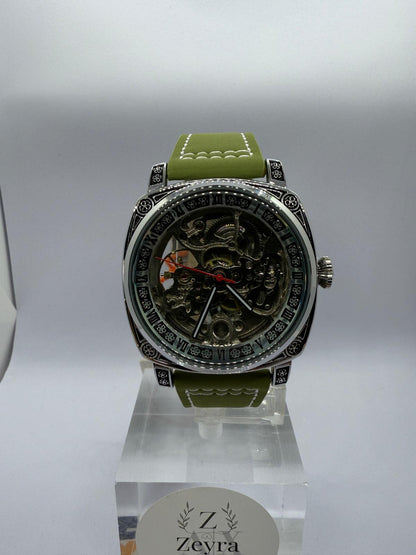 Zeyra MechaTribal – Automatik-Skeleton-Armbanduhr mit verzierter Lünette & Lederband | Mechanisches Uhrwerk | Versand aus DE