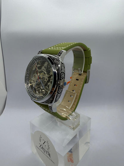 Zeyra MechaTribal – Automatik-Skeleton-Armbanduhr mit verzierter Lünette & Lederband | Mechanisches Uhrwerk | Versand aus DE