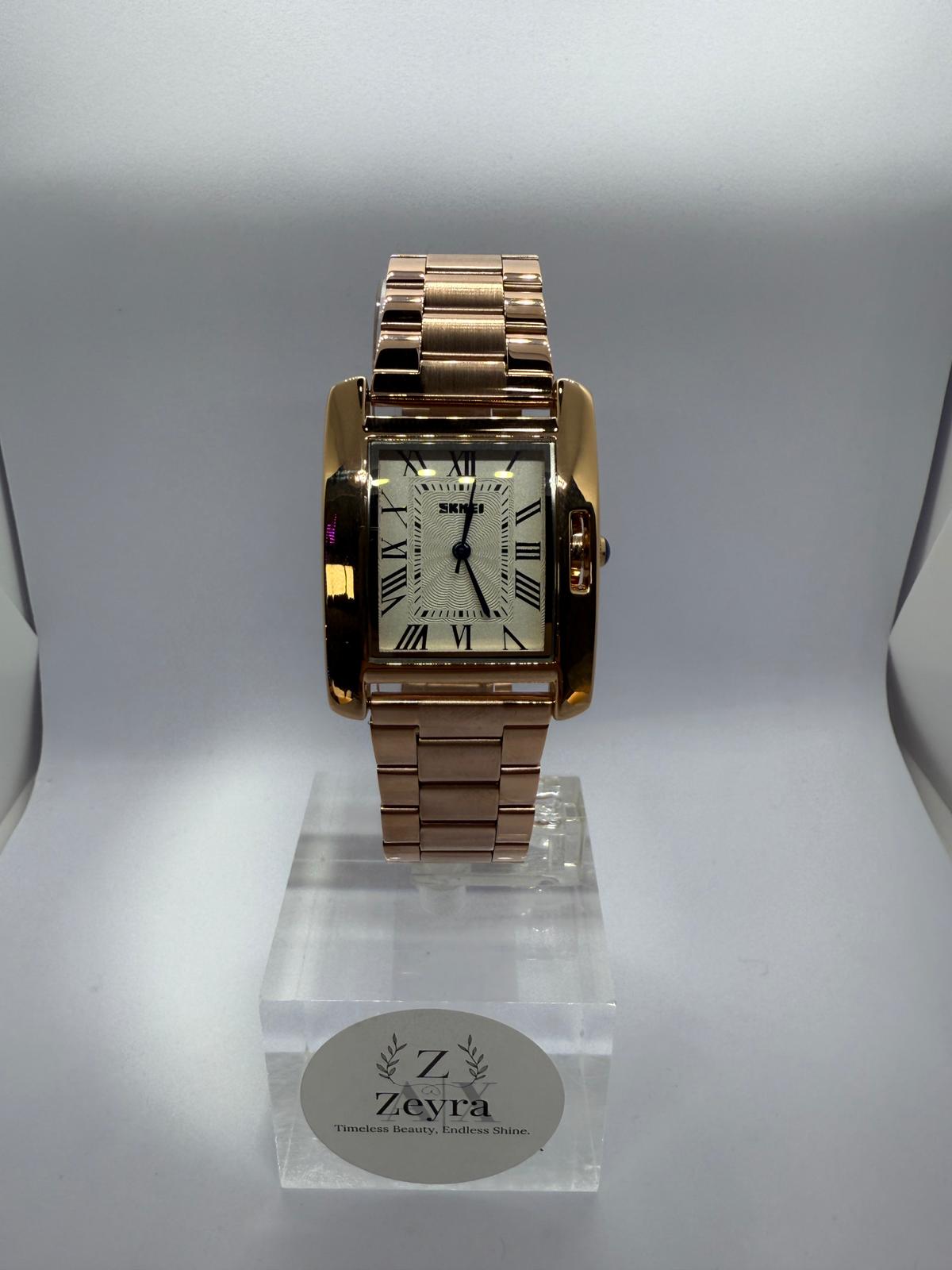 Zeyra Classic Roman – Rechteckige Quarz-Armbanduhr in Roségold | Edelstahlarmband | Versand aus Deutschland