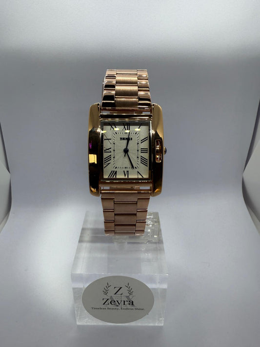 Zeyra Classic Roman – Rechteckige Quarz-Armbanduhr in Roségold | Edelstahlarmband | Versand aus Deutschland