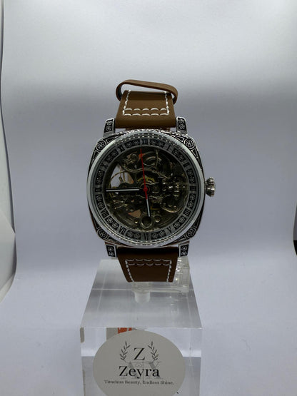 Zeyra MechaTribal – Automatik-Skeleton-Armbanduhr mit verzierter Lünette & Lederband | Mechanisches Uhrwerk | Versand aus DE