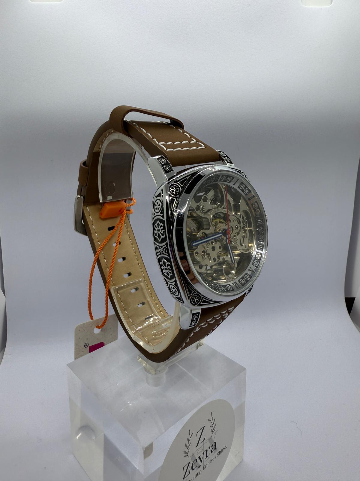 Zeyra MechaTribal – Automatik-Skeleton-Armbanduhr mit verzierter Lünette & Lederband | Mechanisches Uhrwerk | Versand aus DE