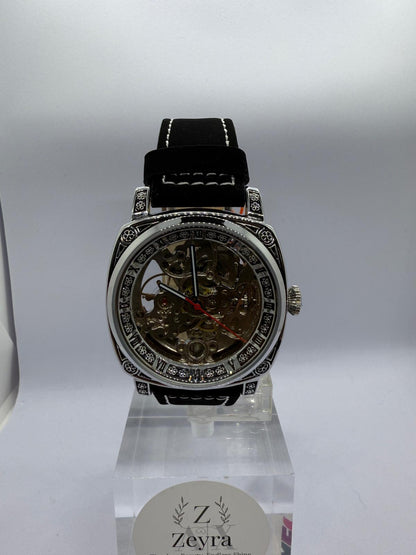 Zeyra MechaTribal – Automatik-Skeleton-Armbanduhr mit verzierter Lünette & Lederband | Mechanisches Uhrwerk | Versand aus DE