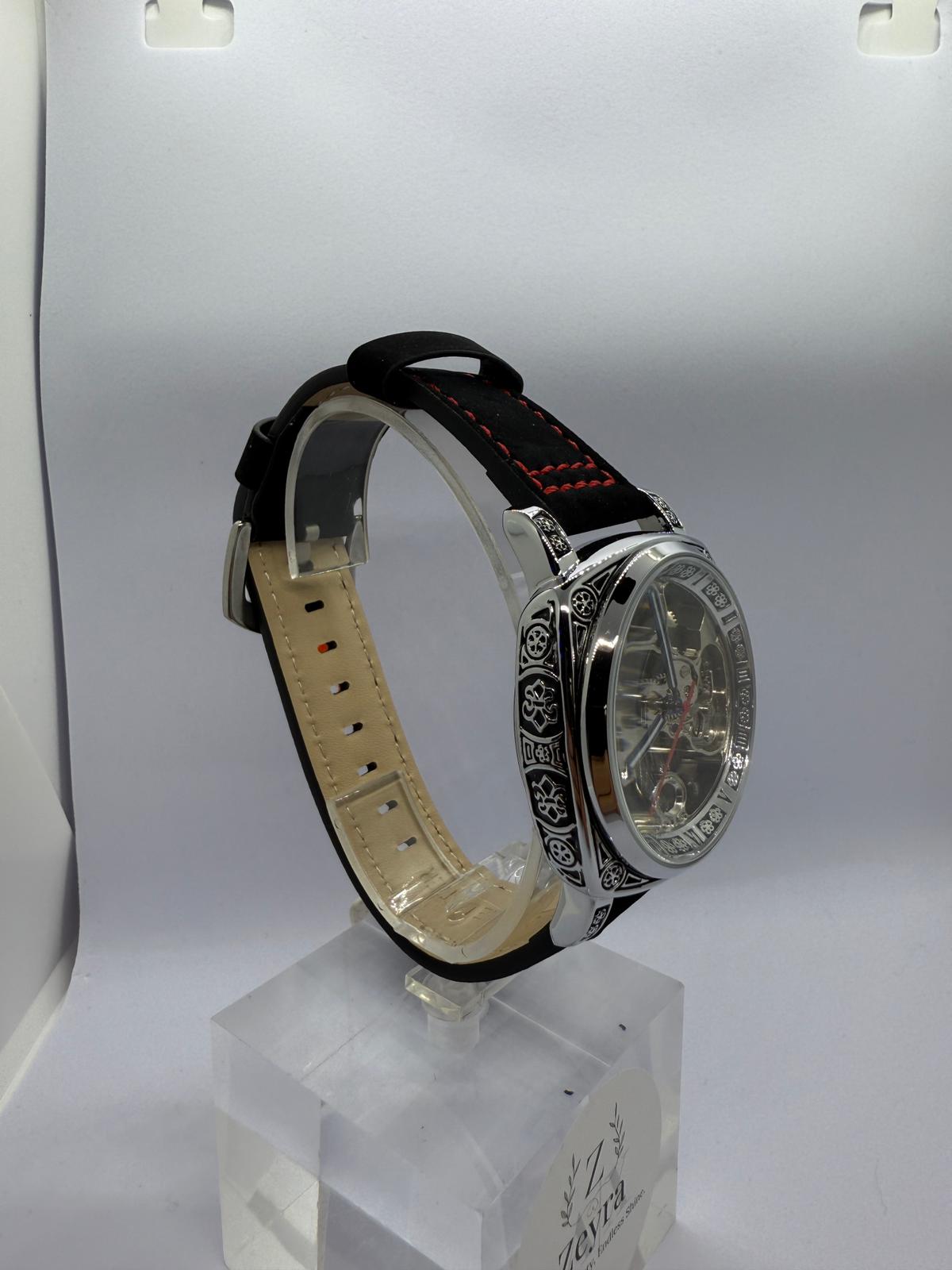 Zeyra MechaTribal – Automatik-Skeleton-Armbanduhr mit verzierter Lünette & Lederband | Mechanisches Uhrwerk | Versand aus DE